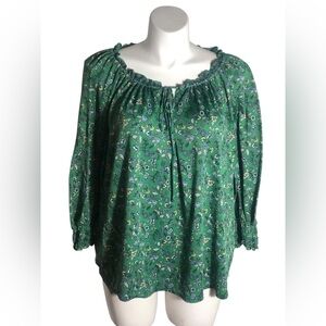Mac Studio green floral print long sleeve boho textured top Sz XL